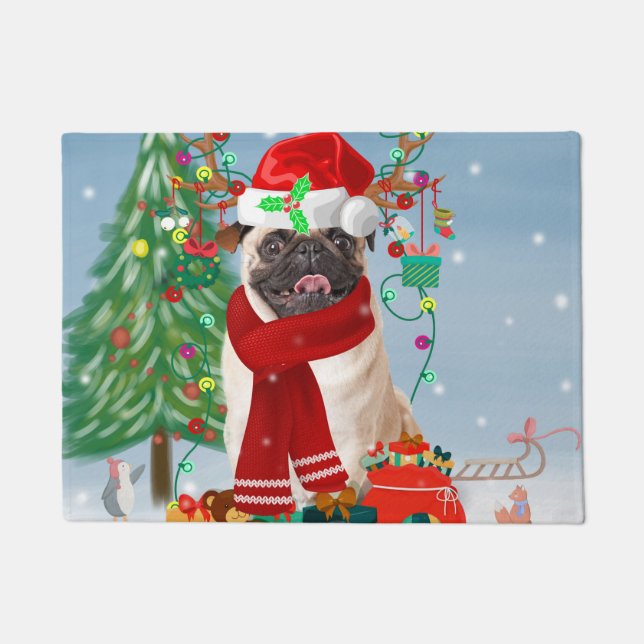 Pug Dog in Snow with Christmas Gifts   Doormat (Front)
