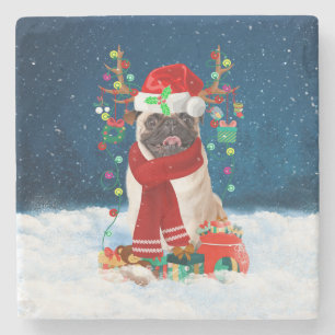 Pug Dog in Snow with Christmas Gifts Stone Coaster