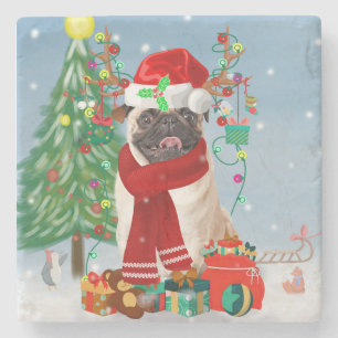 Pug Dog in Snow with Christmas Gifts Stone Coaster
