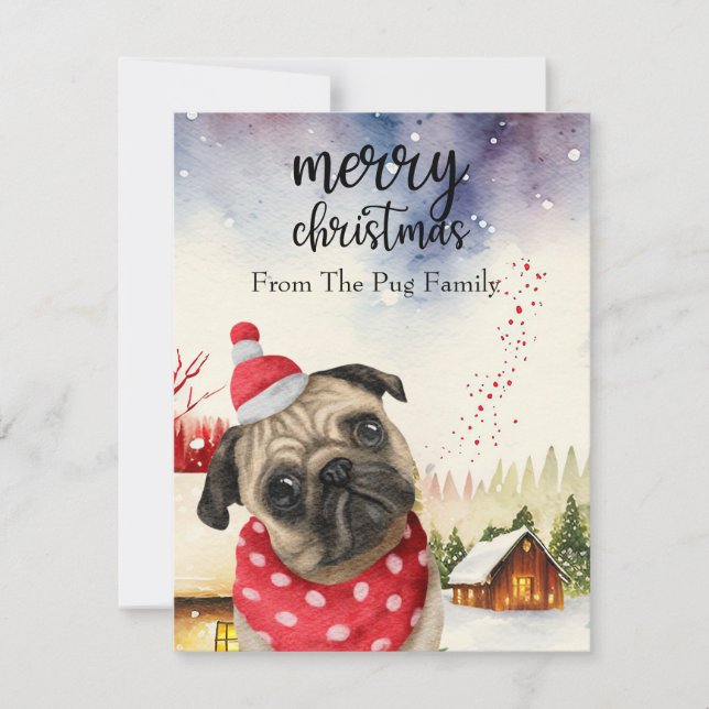 PUG Dog Merry Christmas on Red Gold marble Holiday Card (Front)
