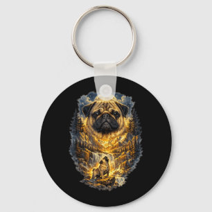 Pug Dog Nature Howling to the Moon Vintage Key Ring