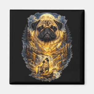 Pug Dog Nature Howling to the Moon Vintage Magnet