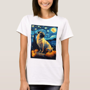 Pug dog of van gogh starry night halloween Funny J T-Shirt