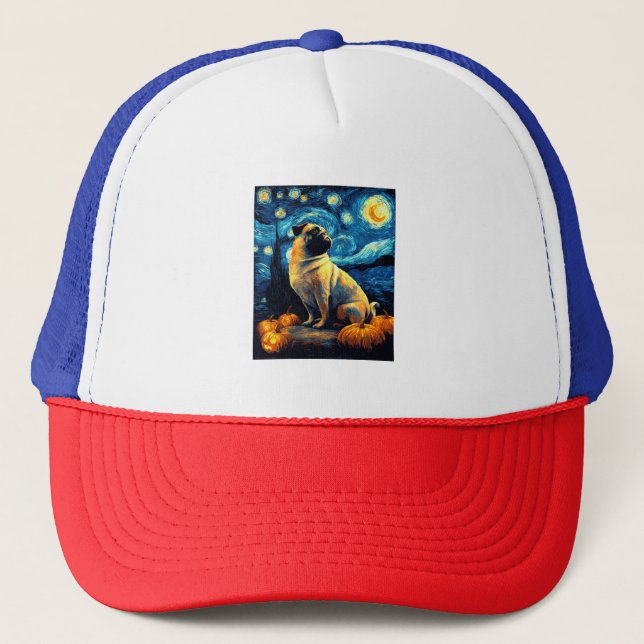 Pug dog of van gogh starry night halloween Funny J Trucker Hat (Front)