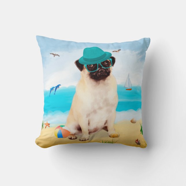 Pug Dog on Beach  Cushion (Front)