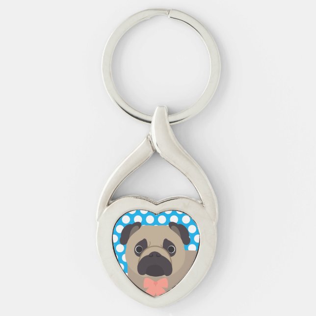 Pug Dog on Blue Dotted Key Chain (Front)