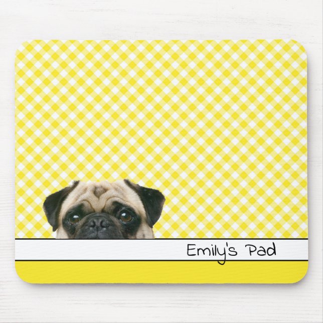 Pug Dog on Yellow Gingham Mouse Pad (Front)
