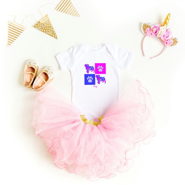 Pug Dog & Paw Pink and Blue Baby Bodysuit (Adorable pug pink and blue design for little baby puppy loving dancers)