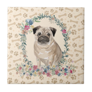 Pug Dog Paw Print Floral Cute Beige Ceramic Tile