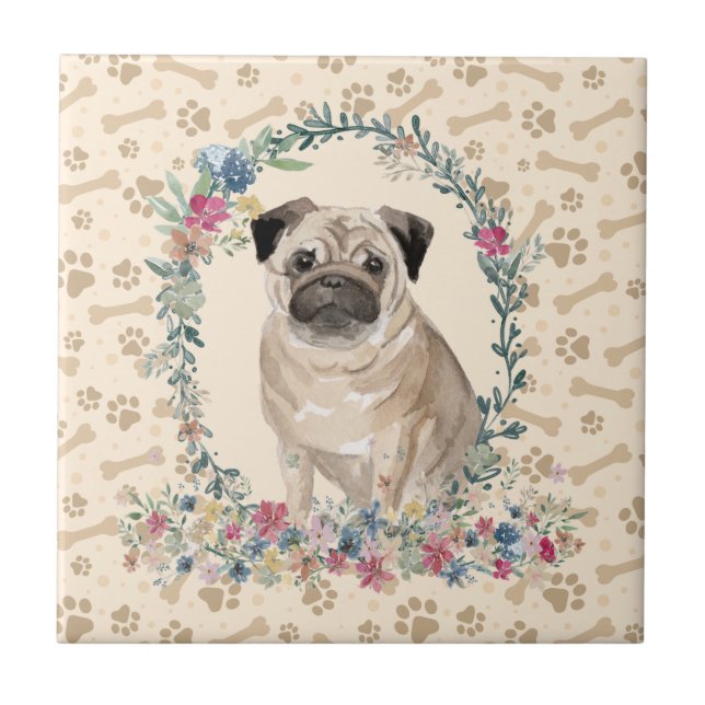 Pug Dog Paw Print Floral Cute Beige Ceramic Tile (Front)