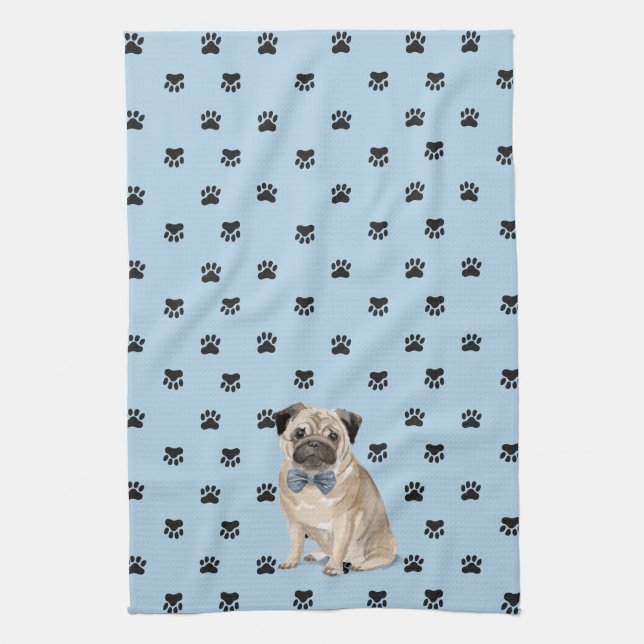 Pug Dog Paw Prints Pattern Tea Towel (Vertical)