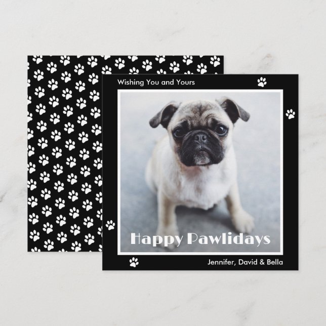 Pug Dog Paw Prints Pet Photo Black Holiday Card (Front/Back)