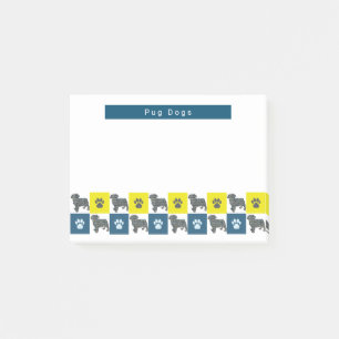 Pug Dog & Paw Yellow & Blue Grid Silhouette Post-it Notes