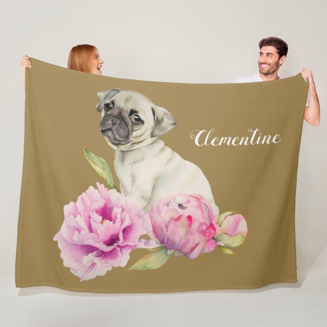 Pug Dog Peony Flower | Add Your Name Fleece Blanket (In Situ)