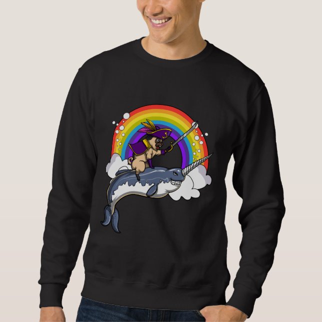 Pug Dog Pirate Riding Narwhal Fish Classic T-Shirt Sweatshirt (Front)