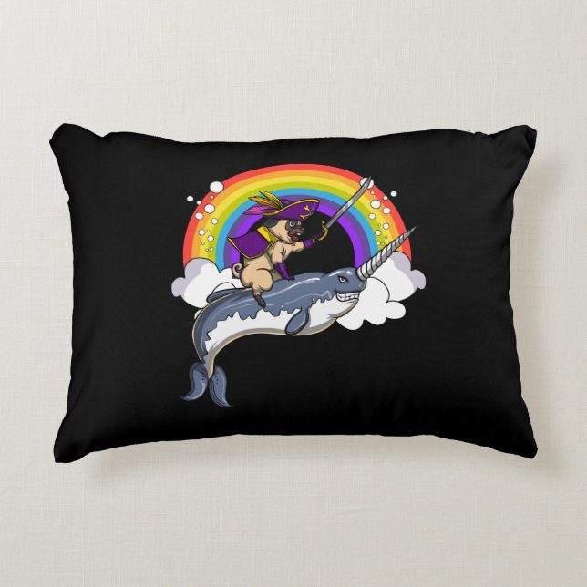 Pug Dog Pirate Riding Narwhal Fish Funny Decorative Cushion (Front)