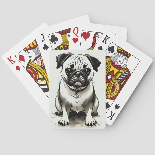 Pug Dog  Playing Cards (Watercolor illustration of a pug dog sitting, with a collar and a pendant, black and white color.)