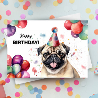 Pug Dog Portrait Cute Pet Party Hat Happy Birthday Card
