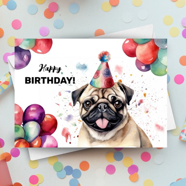 Pug Dog Portrait Cute Pet Party Hat Happy Birthday Card (Creator Uploaded)