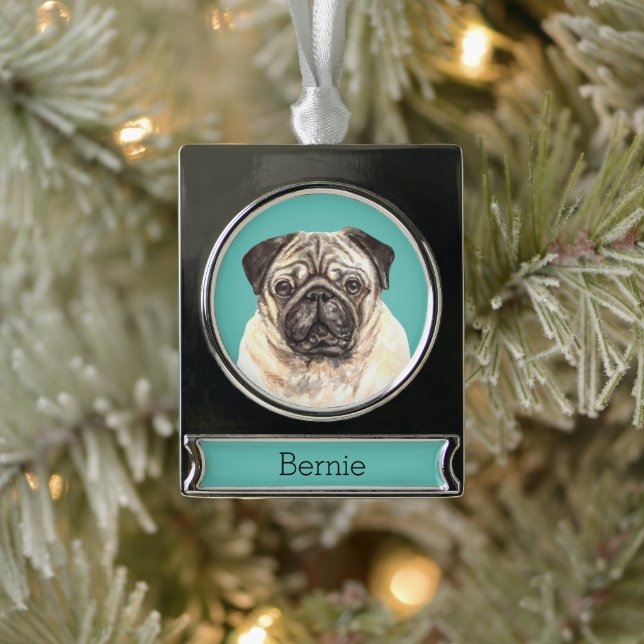 Pug Dog Portrait Personalised Silver Plated Banner Ornament (Tree)