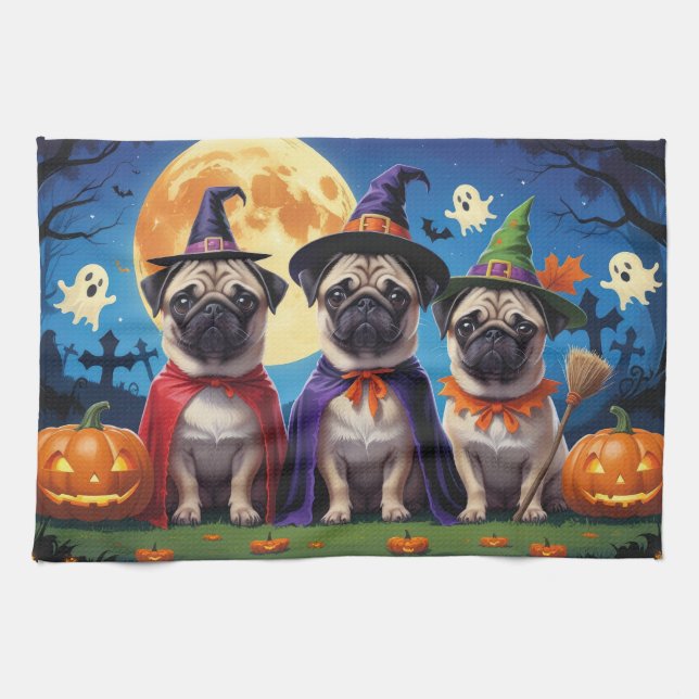 Pug Dog Pumpkin Halloween Funny  Tea Towel (Horizontal)