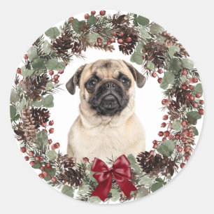 Pug Dog Red Bow Pinecone Wreath Christmas Classic Round Sticker