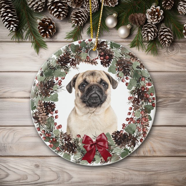 Pug Dog Red Bow Pinecone Wreath Personalised Ceramic Ornament (Creator Uploaded)