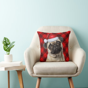 Pug Dog Red Buffalo Plaid Christmas Holiday Cushion