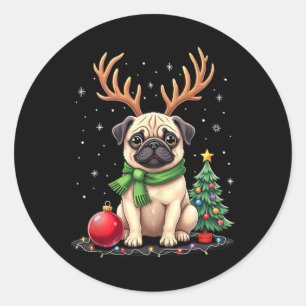 Pug Dog Reindeer Xmas Dog Lover Funny Family Chris Classic Round Sticker
