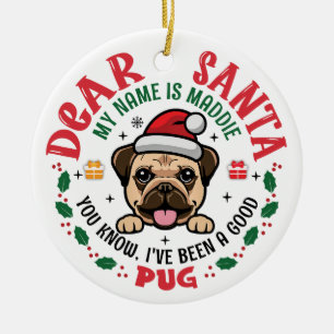 Pug Dog Santa Personalised Christmas Tree Round Ceramic Ornament
