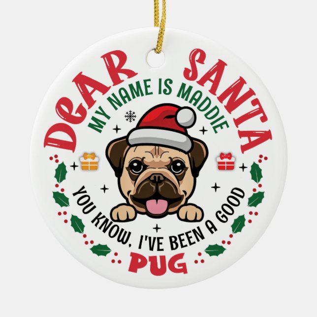 Pug Dog Santa Personalised Christmas Tree Round Ceramic Ornament (Front)