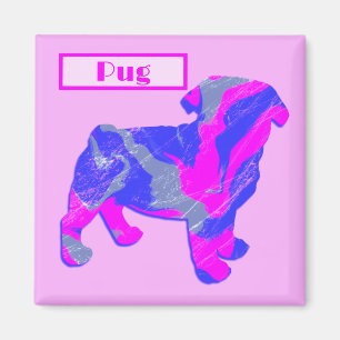Pug Dog Silhouette Pink & Blue Silhouette Magnet