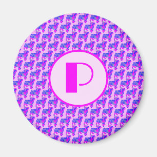 Pug Dog Silhouette Pink & Blue Silhouette Monogram Magnet