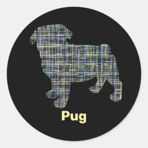 Pug Dog Silhouette Yellow & Blue Grid Classic Round Sticker