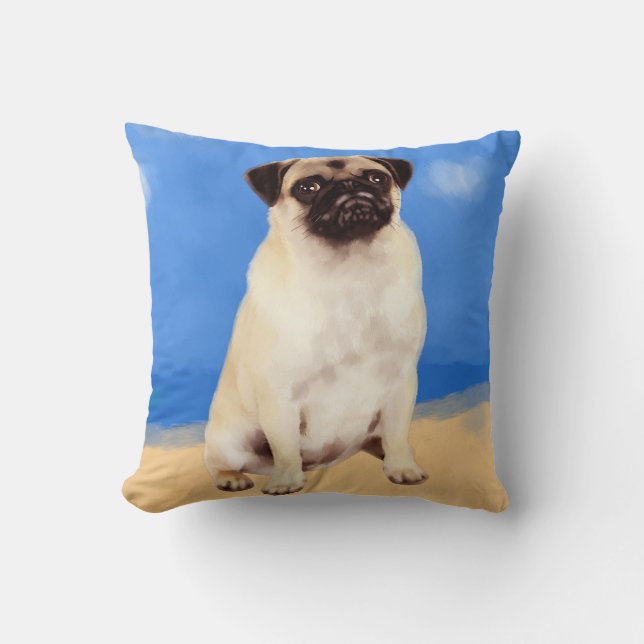 Pug Dog Sitting On Beach Cushion (Front)