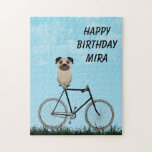 Pug Dog Sitting on Vintage Bicycle Birthday Jigsaw Puzzle<br><div class="desc">Custom pug dog sitting on a vintage bike jigsaw puzzle. You may customise it with a name or message.</div>
