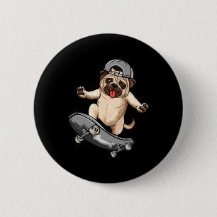 Pug Dog Skater Skateboarder Skateboarding Gray Boy 6 Cm Round Badge