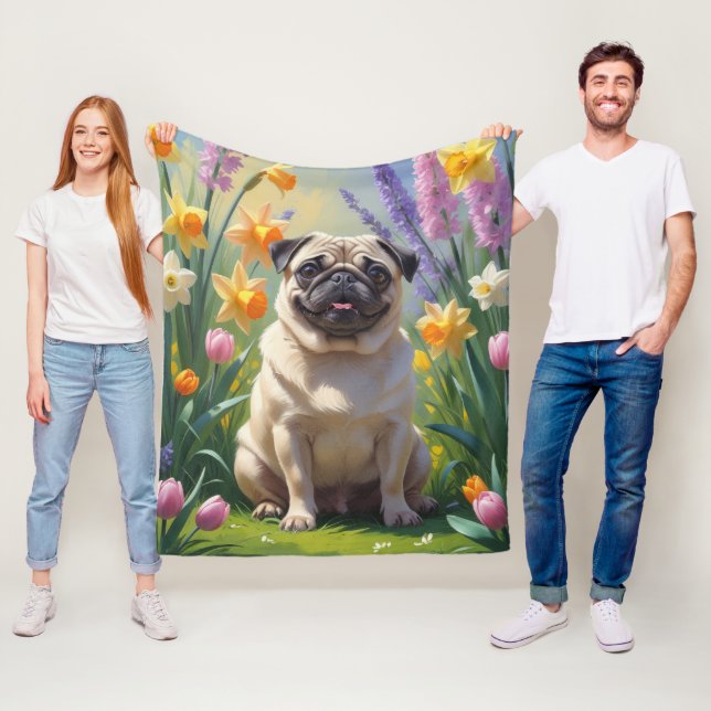 Pug Dog Spring Flowers Painting Fleece Blanket (In Situ)