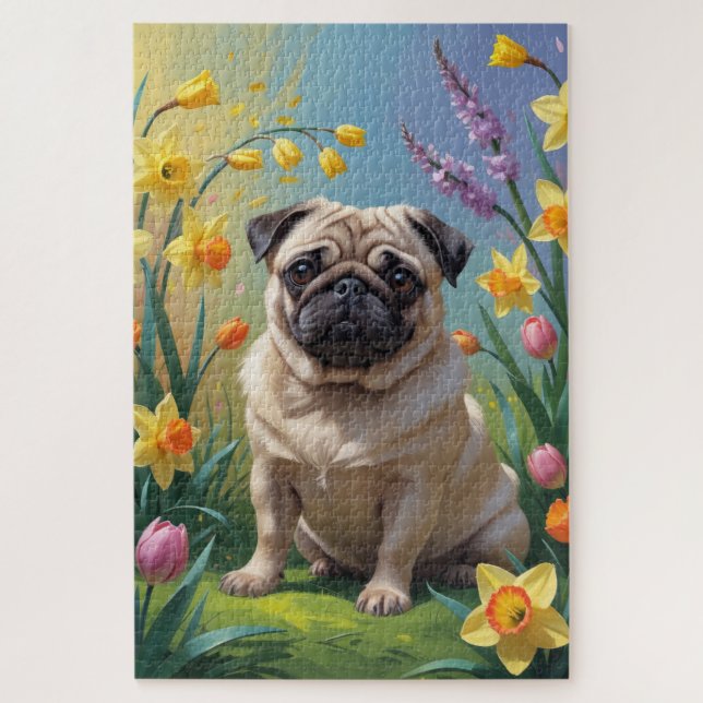 Pug Dog Spring Flowers Painting Jigsaw Puzzle (Vertical)