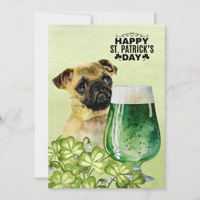 PUG Dog St. Patrick's Day with Hat and Beer Holiday Card (Front)