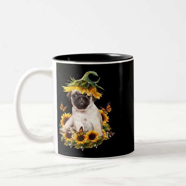 Pug Dog Sunflower Butterfly Cute Dog Lover Gifts Two-Tone Coffee Mug (Left)