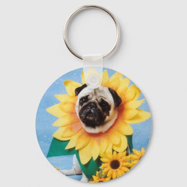 Pug Dog Sunflower Keychain (Front)