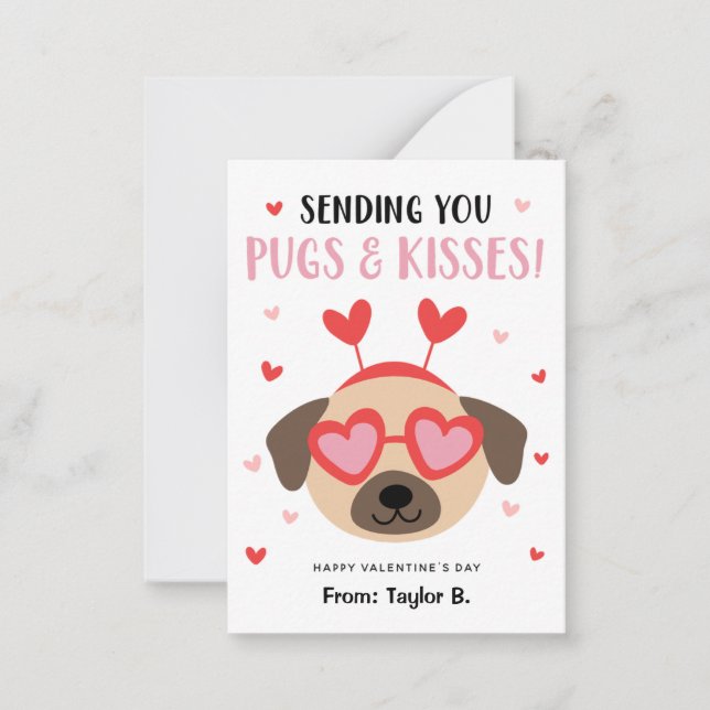 Pug Dog Valentine's Day Cards for Kids Classroom (Front)