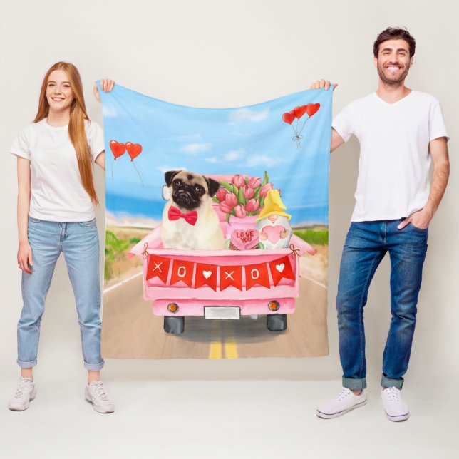 Pug Dog Valentine's Day Truck  Fleece Blanket (In Situ)