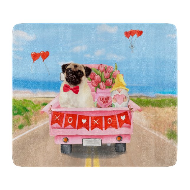Pug Dog Valentine's Day Truck Hearts Cutting Board (Front)
