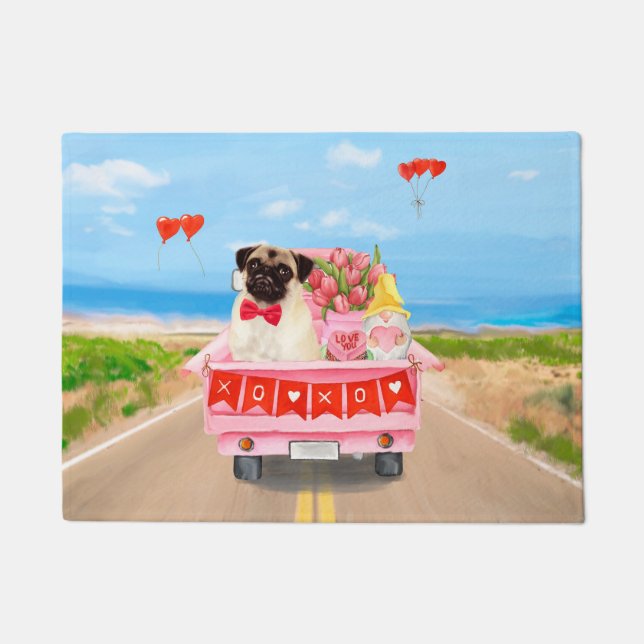 Pug Dog Valentine's Day Truck Hearts Doormat (Front)