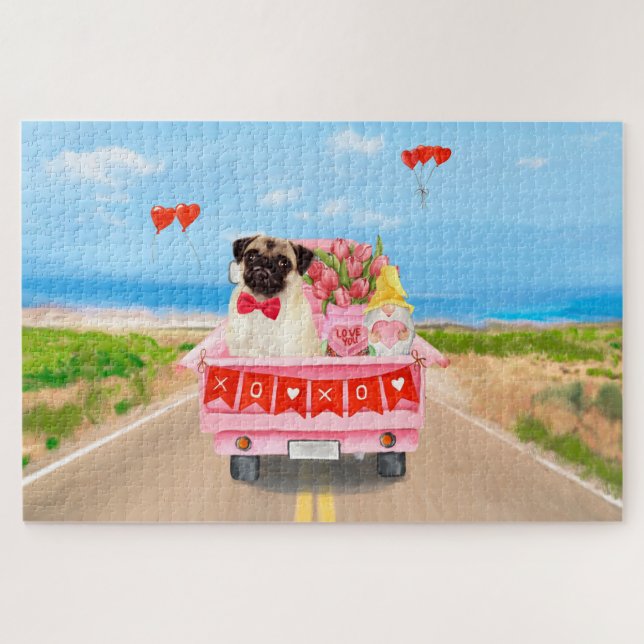 Pug Dog Valentine's Day Truck Hearts Jigsaw Puzzle (Horizontal)