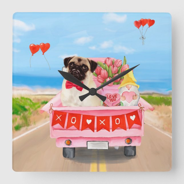 Pug Dog Valentine's Day Truck Hearts Square Wall Clock (Front)