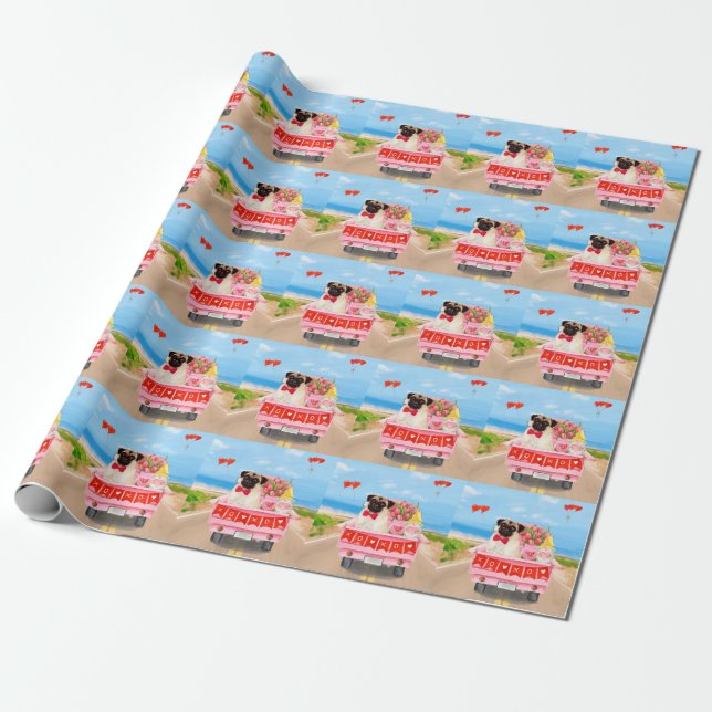 Pug Dog Valentine's Day Truck Hearts Wrapping Paper (Unrolled)