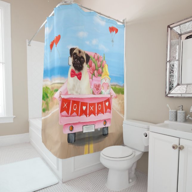 Pug Dog Valentine's Day Truck Shower Curtain (In Situ)